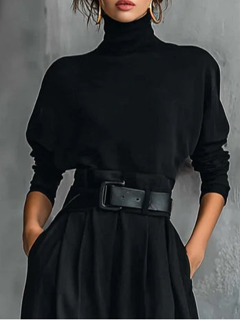 Belly | Two-piece set with long-sleeve high-neck black top and straight-leg pants (including belt)