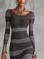 Gray And White Knit Bodycon Dress With Leopard Stripe Detailing