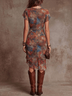 Céline | Bohemian Abstract Art Print V-neck Pleated Midi Dress