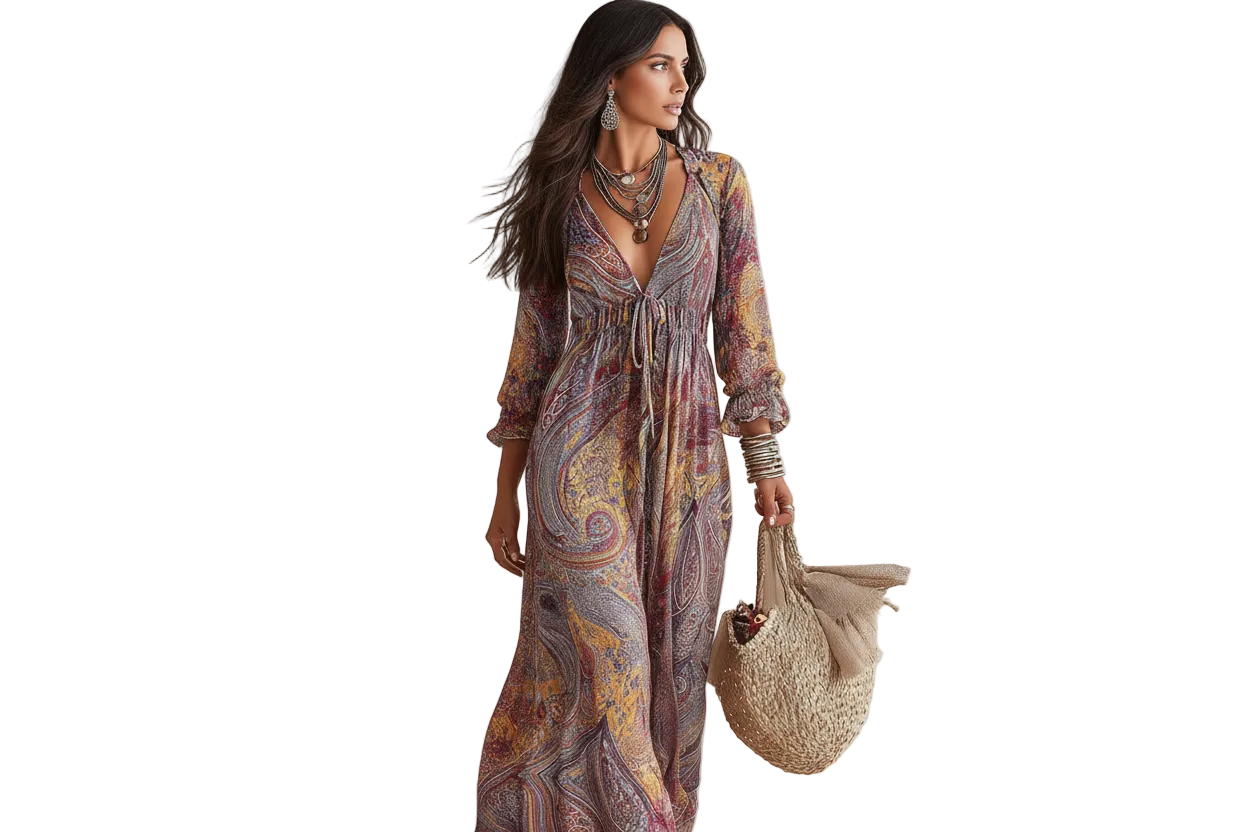 Robe vintage à imprimé cachemire avec décolleté en V et taille à nouer