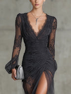 Eloise | Lace Ruffle Sheer Long Sleeve Split Maxi Dress