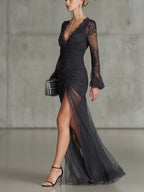 Eloise | Lace Ruffle Sheer Long Sleeve Split Maxi Dress