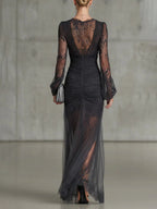 Eloise | Lace Ruffle Sheer Long Sleeve Split Maxi Dress