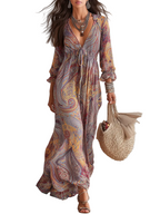 Robe vintage à imprimé cachemire avec décolleté en V et taille à nouer