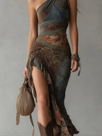 Cosette | Ethnic Style Printed Maxi Dress with One Shoulder and High Split