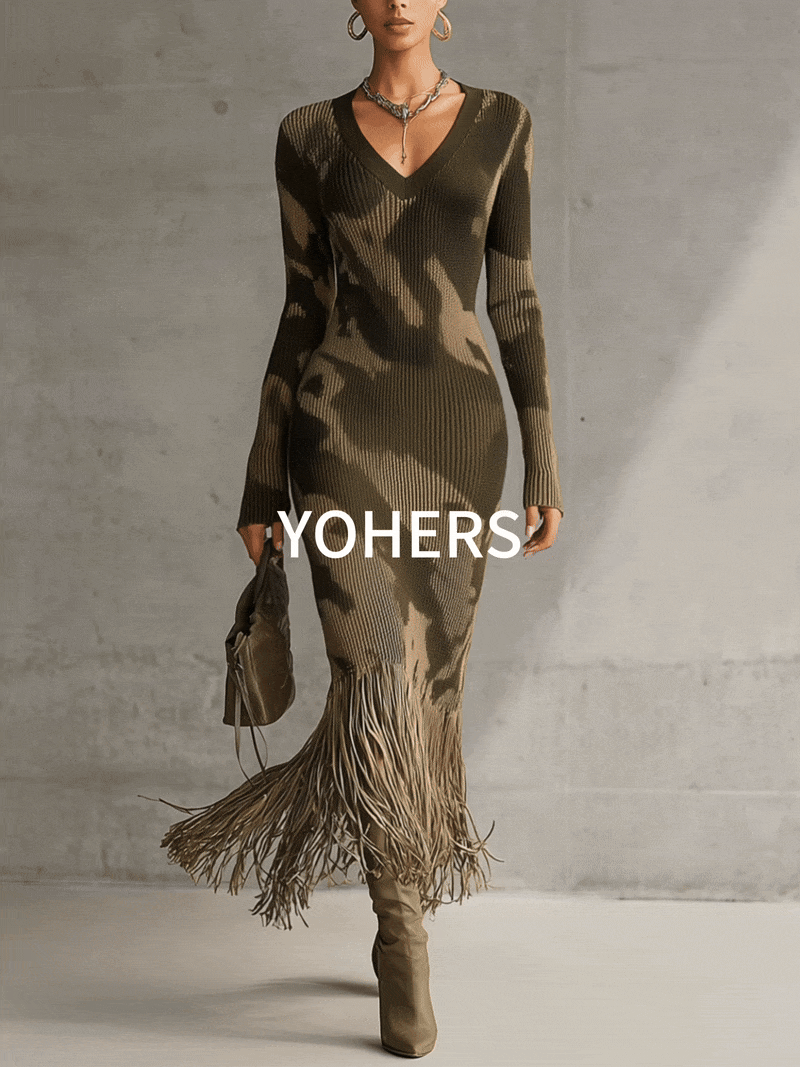 Olive Camo Knit V-Neck Fringe Hem Bodycon Dress