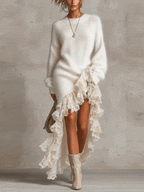 White Mohair Knit Midi Dress With Asymmetrical Lace Ruffle Hem