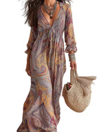 Robe vintage à imprimé cachemire avec décolleté en V et taille à nouer