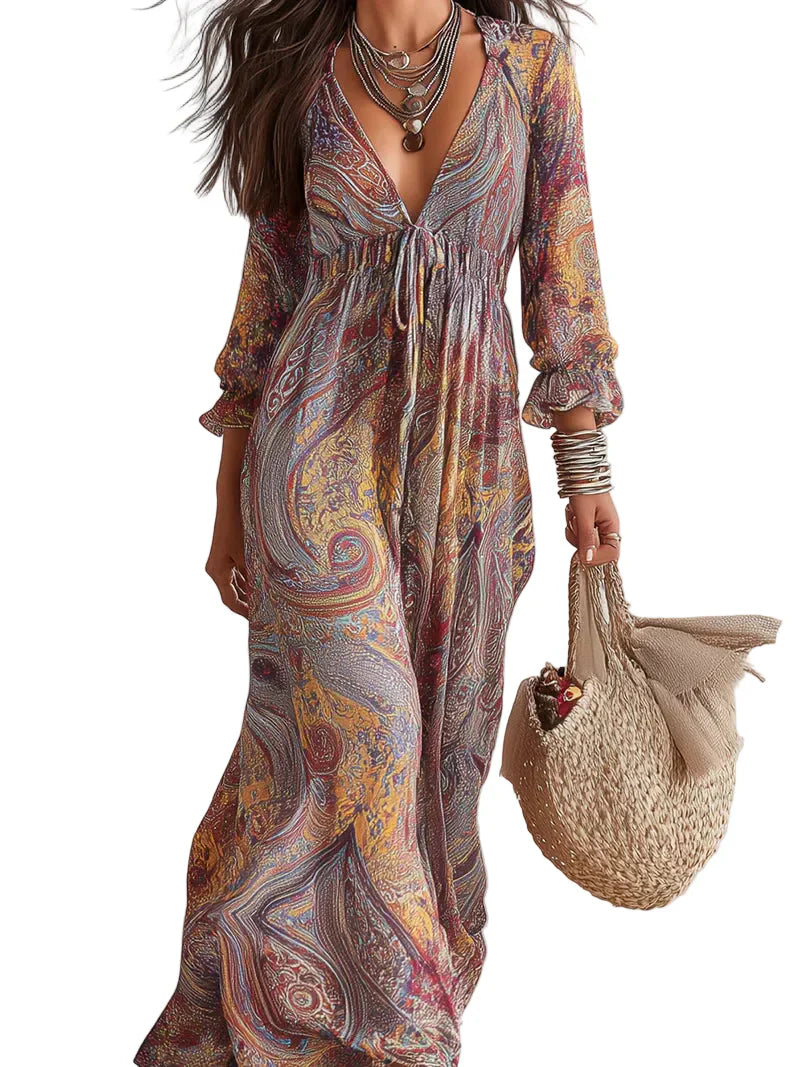 Robe vintage à imprimé cachemire avec décolleté en V et taille à nouer