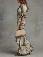 Léonie | Floral Ruffle Bell Sleeve V-Neck Satin Asymmetrical Maxi Dress