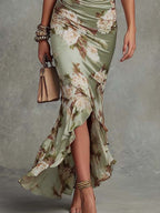 Léonie | Floral Ruffle Bell Sleeve V-Neck Satin Asymmetrical Maxi Dress