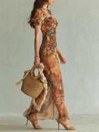 Colette | Bohemian Vacation Oil Painting Print Chiffon Maxi Dress