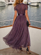 Valentine | Keyhole Neckline Chiffon Lace Trim Maxi Dress