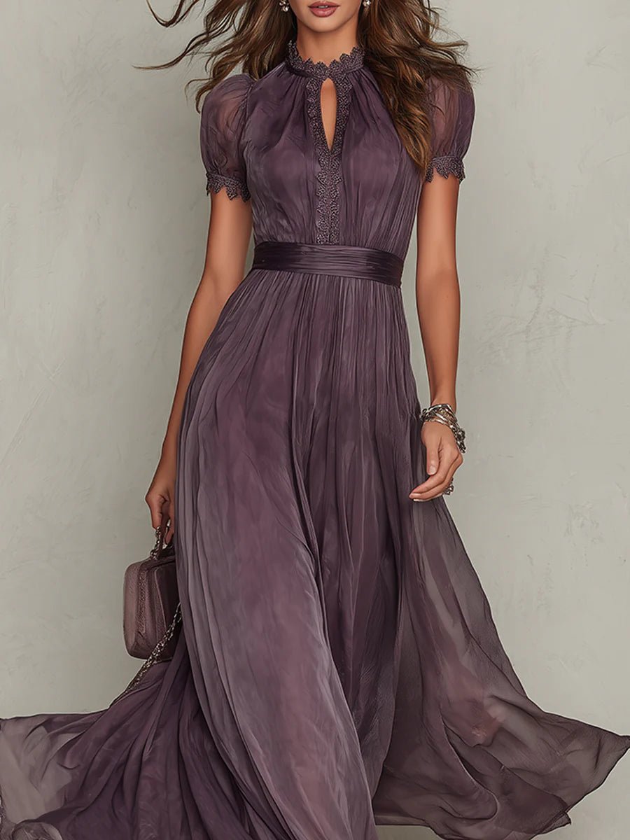 Valentine | Keyhole Neckline Chiffon Lace Trim Maxi Dress