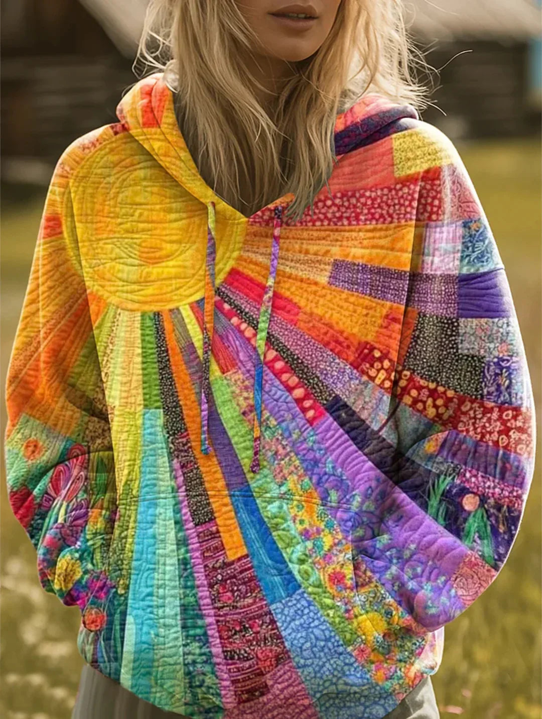 Sweat à capuche bohème patchwork multicolore