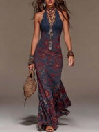 Béatrice | Retro Lace Halter Neck Floral Fishtail Maxi Dress