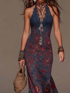 Béatrice | Retro Lace Halter Neck Floral Fishtail Maxi Dress