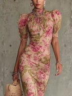 Océane | Vintage Rose Print Maxi Dress with Puff Sleeves (Accessories not included)