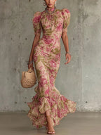 Océane | Vintage Rose Print Maxi Dress with Puff Sleeves (Accessories not included)