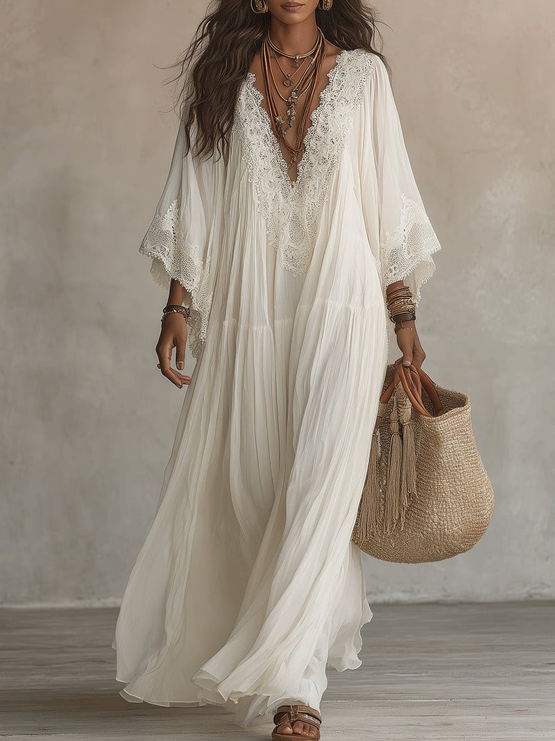 Clémence | Lace V-Neck Batwing Sleeve Chiffon Maxi Dress