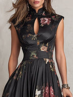 Rosalie | Keyhole Collar Floral Pleated Satin Midi Dress