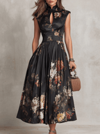 Rosalie | Keyhole Collar Floral Pleated Satin Midi Dress