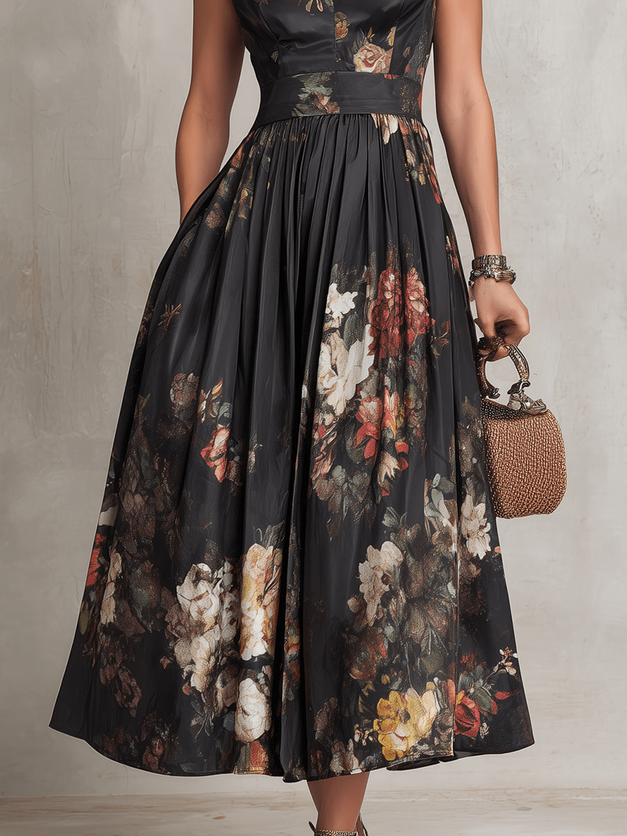 Rosalie | Keyhole Collar Floral Pleated Satin Midi Dress