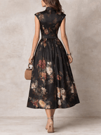 Rosalie | Keyhole Collar Floral Pleated Satin Midi Dress